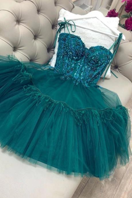 Green Beaded Lace Short Prom Dress With Straps, Short Green Lace Formal Graduation Homecoming Dress With Beading,pl4118