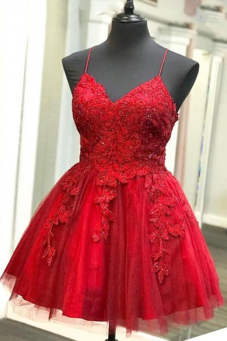 A Line V Neck Backless Lace Red Short Prom Dress Homecoming Dress, Backless Red Lace Formal Graduation Evening Dress,PL4122