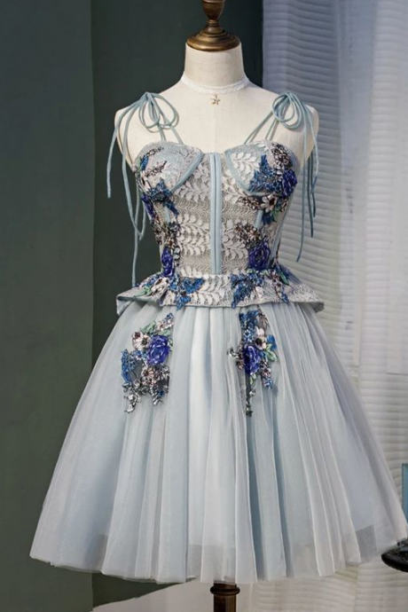 Gray A Line Tulle Homecoming Dresses With Appliques,pl4137
