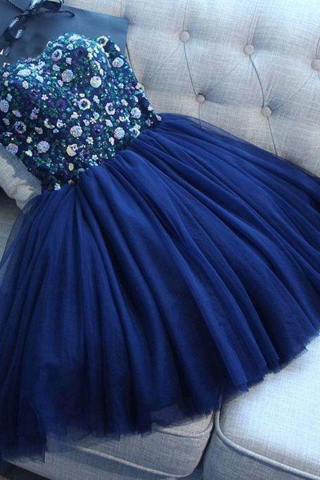 Cute Blue Tulle Sequins Prom Dress, Homecoming Dress, Short Prom Dress For Teens,pl4145