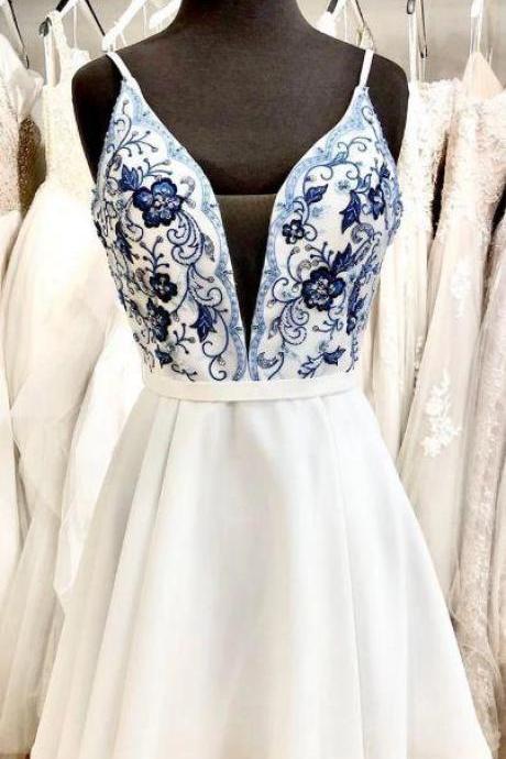 Cute Short Whtie And Blue Floral Embroidery Short Prom Dress Homecoming Dress,pl4146