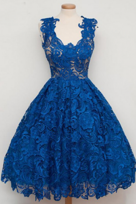 Royal Blue Lace Vintage Style Short Prom Dress Vintage Homecoming Dress,pl4150