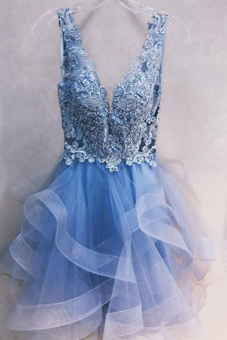 Short Blue Lace Prom Dresses, Short Blue Lace Homecoming Graduation Formal Dresses,pl4155