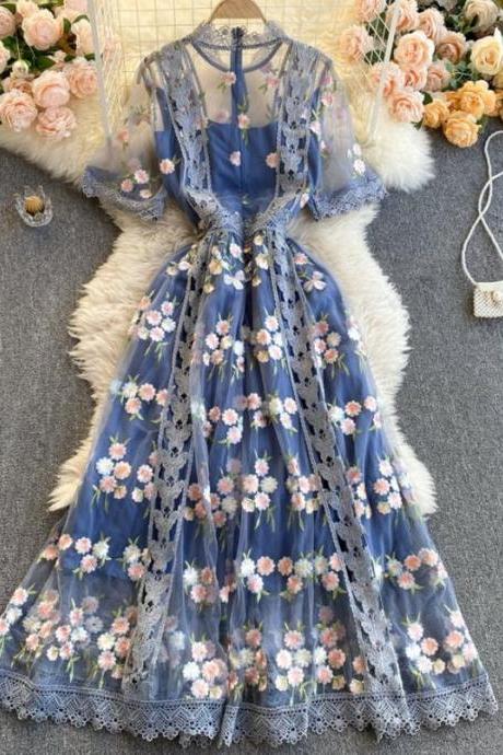 Royal Blue Floral Mesh Embroidery Dress. A-line Dress. Fashion Week Dress. Perfect Dress For Wedding. Prom Or Birthday,pl4161