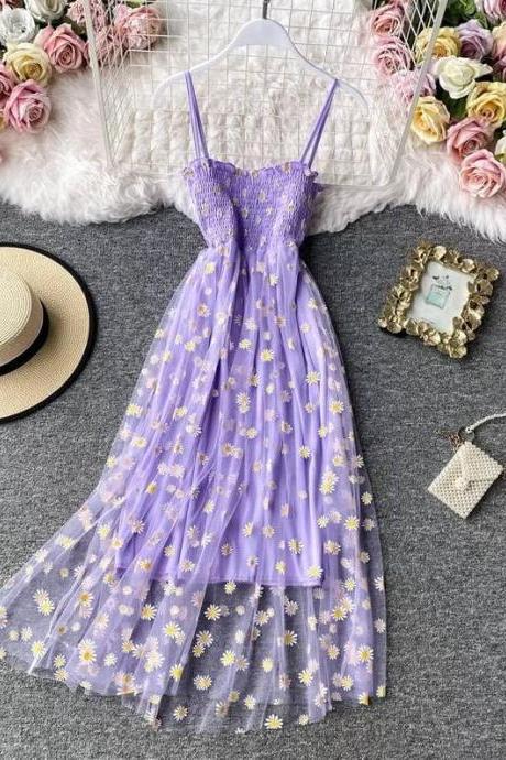 Summer Cottagecore Romantic Prom Milkmaid Daisy Aesthetic Women Y2K Fairy Kawaii Purple Dress, Bachelorette Party Dress, Lolita Cute Dress,PL4162