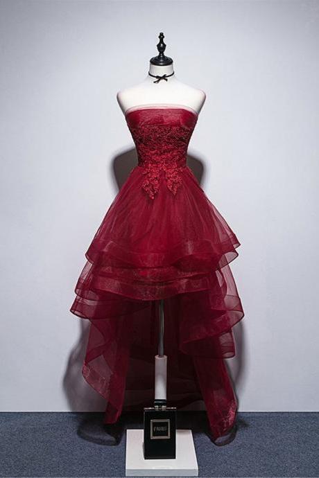 Strapless Burgundy High-low Prom Dress,short Prom Gown,burgundy Evening Dress,short Wedding Bridal Dress,pl4170