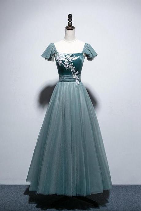 Dusty Green Long Prom Dress With Sleeves,velvet Prom Gown With Appliques,long Tulle Evening Dress,dusty Green Wedding Bridal Dress,pl4176