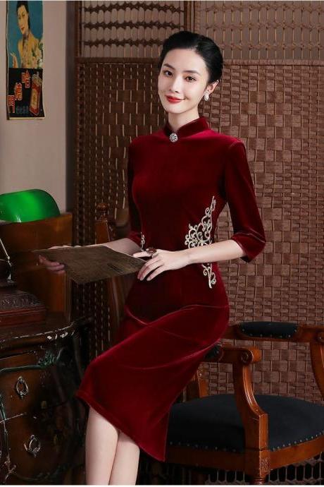 New Arrival Spring Autumn Corduroy Chinese Traditional Fashion Cheongsam Women Girl Qipao Formal Dress,PL4185