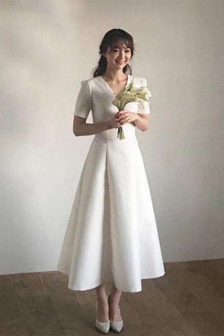 Simple Wedding Dress Satin Tea Length Short Sleeve A-line V Neck,pl4187