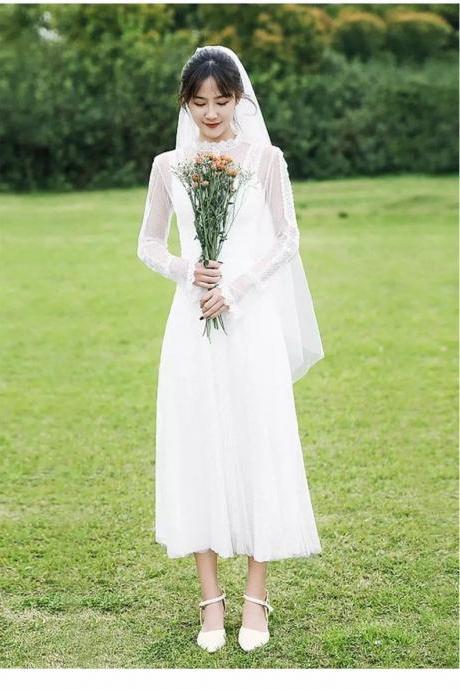 Wedding Gown Tea-length Long Sleeve High Neck White Boho Elopement Wedding Dress Engagement Photoshoot Bridal Gown Vintage,pl4189