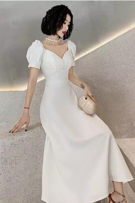 Tea-length Cap Sleeve White Boho Elopement Wedding Dress Engagement Photoshoot Bridal Gown Vintage,pl4190