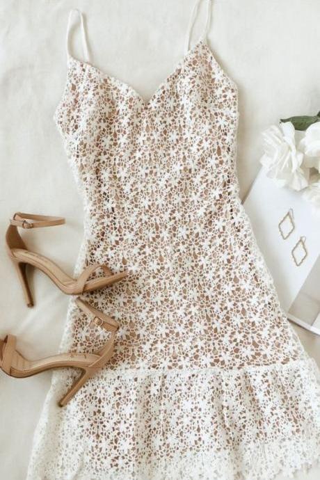 White And Nude Lace Ruffled Mini Dress,pl4203