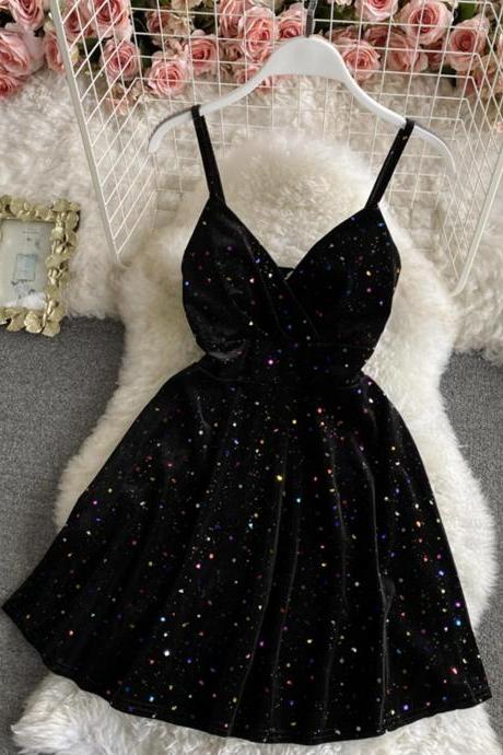 Black Velvet Short Dress A Line Mini Dress,pl4220