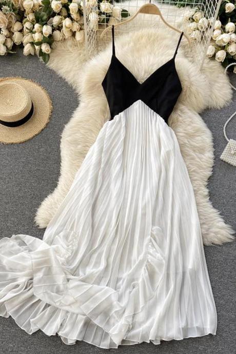 Black And White V Neck Dress,pl4225