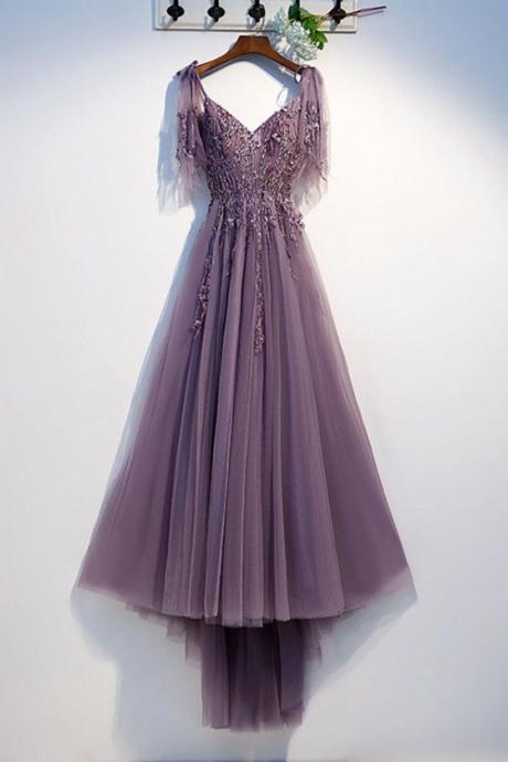 Flowy Purple Long Tulle Prom Dress With Puffy Sleeves,pl4238