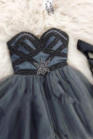 Dark Grey Strapless Sweetheart Beading A Line Tulle Pleated Short Homecoming Dresses,pl4246