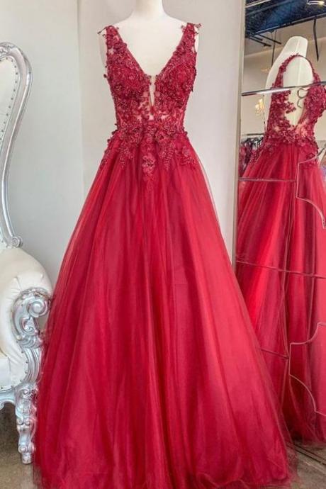 A-line Red Lace Appliques Long Prom Dress ,pl4262