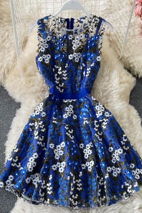 Blue Lace Applique Short Dress Fashion Dress,pl4264