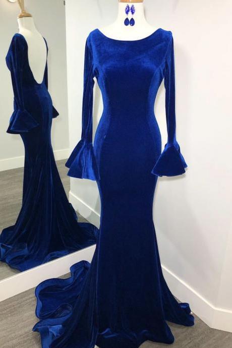 Long Sleeves Velvet Prom Dresses,royal Blue Mermaid Evening Party Dresses,backless Formal Dresses,pl4270