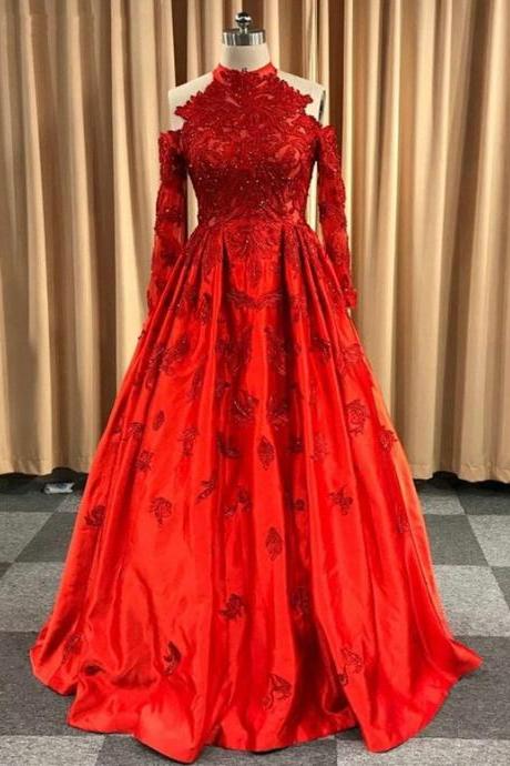 Gorgeous Red Satin Long Sleeve Prom Dress,pl4275