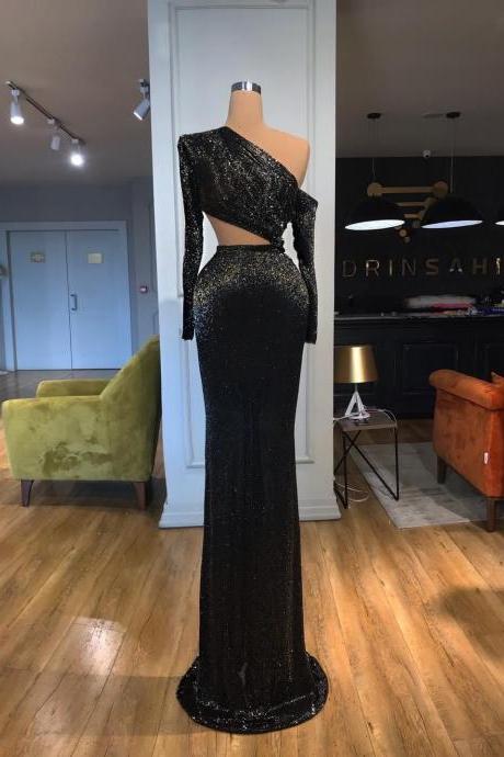 Long Sleeves Black Evening Dress Prom Gown,pl4281