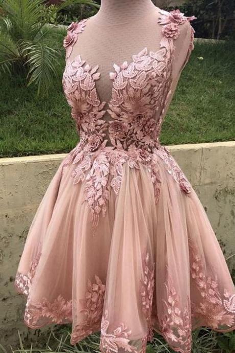 Illusion Neckline Pink Homecoming Dresses With Beaded Lace Embroidery, Floral Prom Dresses Short, Engagement Party Dresses ,pl4291