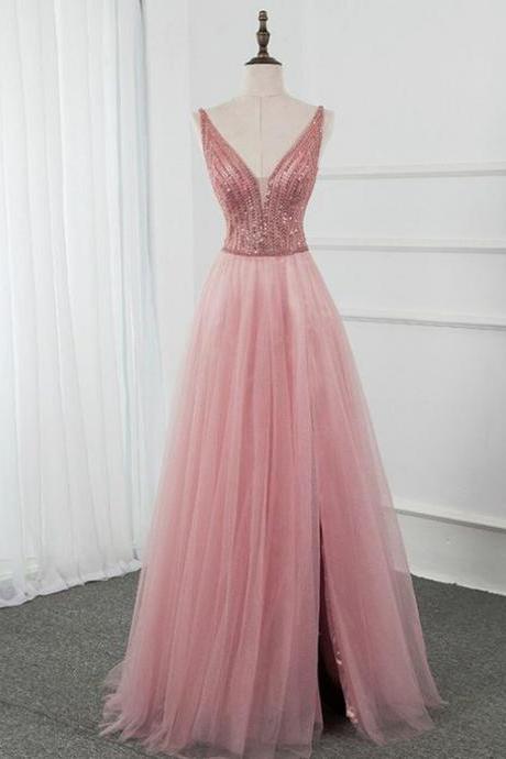 Pink Tulle Deep V-neck Backless Beading Sequins Prom Dress,pl4311