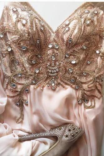Blush Prom Dress A-line Straps Chiffon Beads Modest Prom Dresses Long Evening Dress,pl4318