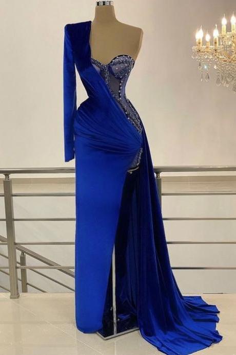 Velvet Royal Blue Hand Made Corset Long Prom Dress, Long Sleeves Formal Dress ,pl4334