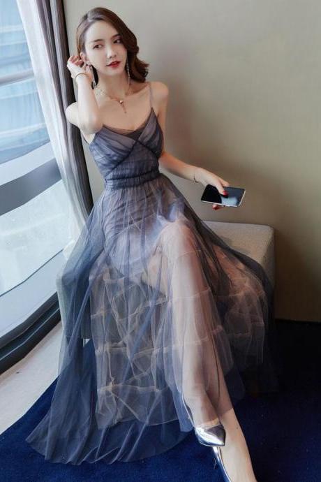 Gray Blue V Neck Tulle Long Women Fashion Dress, Blue Evening Dress,pl4347