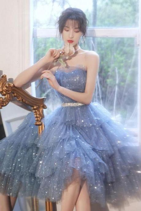 Blue Tulle Sequin Short Prom Dress Blue Formal Dress,pl4363