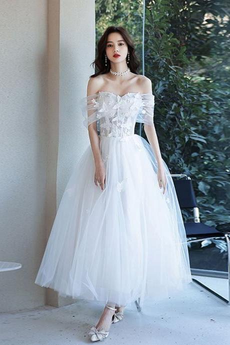 White Sweetheart Off Shoulder Tulle Lace Tea Length Prom Dress,pl4366