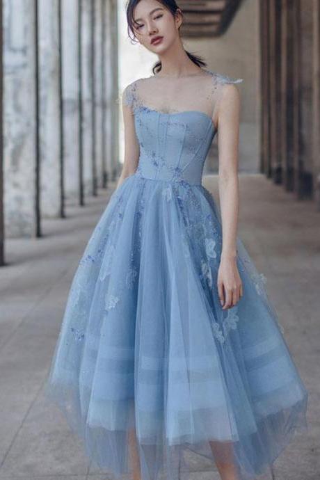 Blue Tulle Short Prom Dress Blue Bridesmaid Dress,pl4385