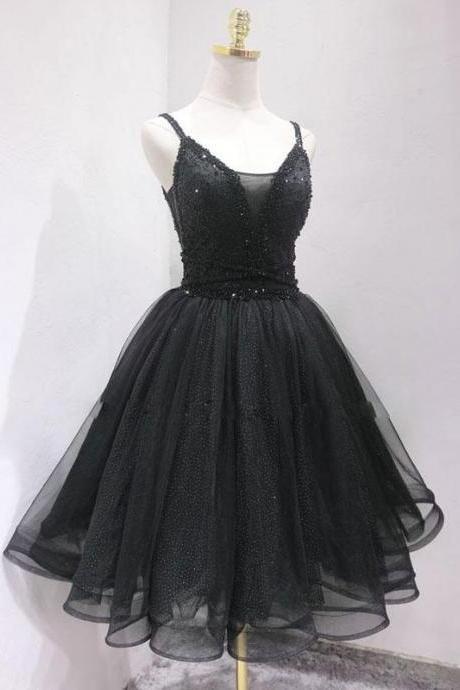 Black Tulle Beads Short Prom Dress, Black Homecoming Dress,pl4395