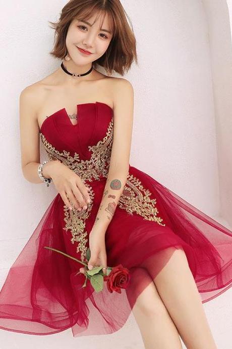 Burgundy Tulle Lace Short Prom Dress, Burgundy Homecoming Dress,pl4404