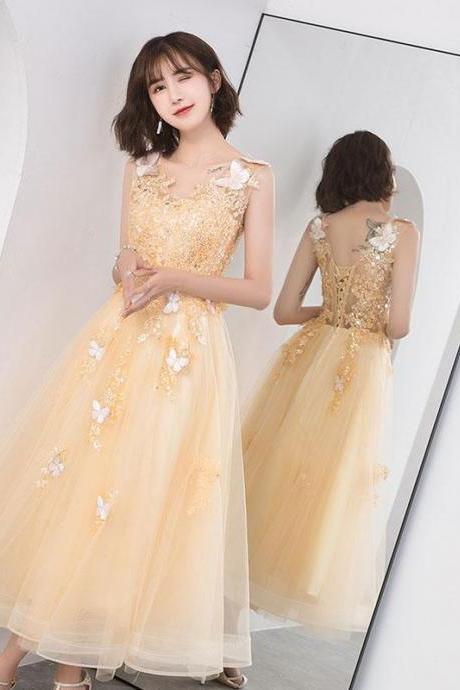 Gold V Neck Tulle Lace Short Prom Dress, Gold Homecoming Dress,pl4409