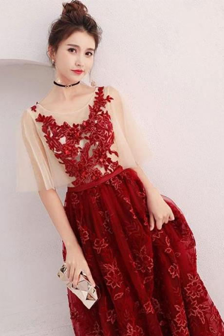 Burgundy Lace Long Prom Dress, Evening Dress,pl4420