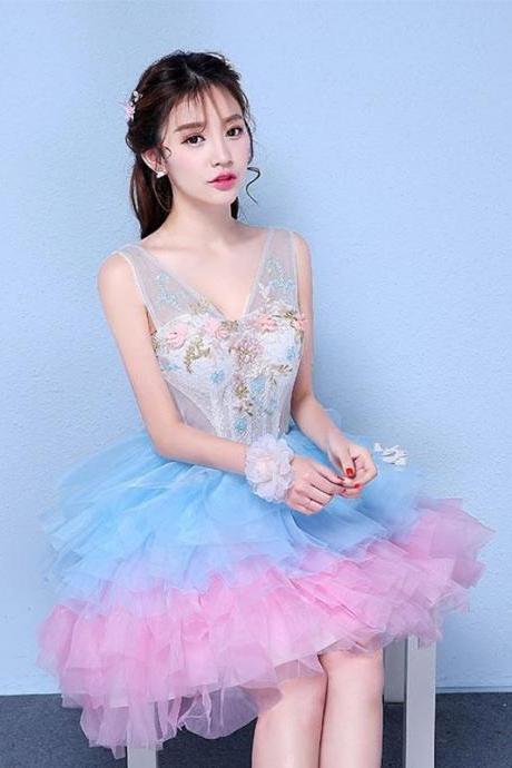Cute V Neck Blue And Pink Short Prom Dress, Sweet 16 Dress,pl4424
