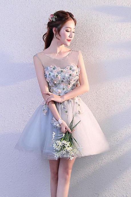 Gray Round Neck Tulle Short Prom Dress, Formal Dress,pl4425