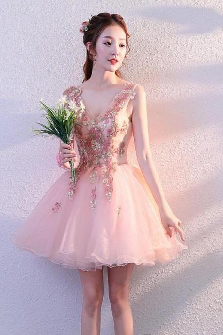 Pink V Neck Tulle Short Prom Dress, Homecoming Dress,pl4426