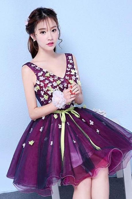 Purple V Neck Tulle Short Prom Dress, Homecoming Dress,pl4427