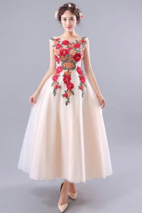 Champagne Tulle Tea Length Prom Dress, Lace Evening Dress,pl4430