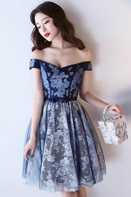 Dark Blue Lace Short Prom Dress, Homecoming Dress,pl4434