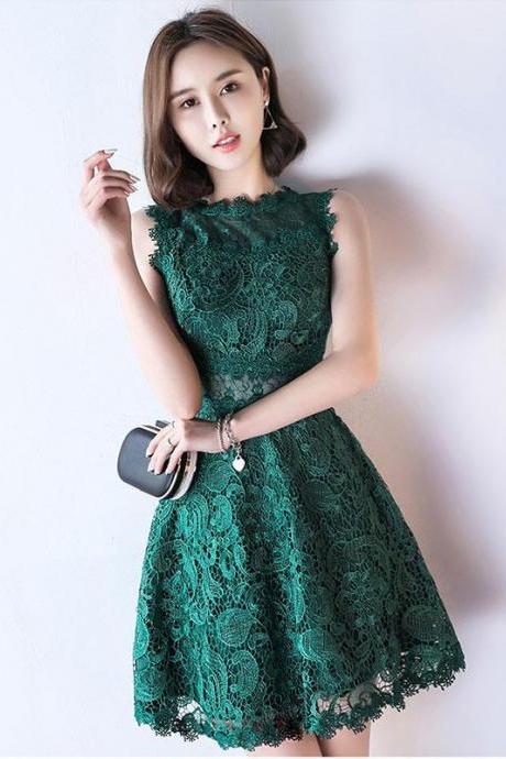 Green Lace See Through Short Prom Dress, Lace Evening Dress,pl4436