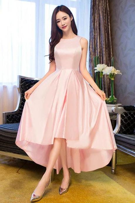 Simple Pink Satin Tea Length Prom Dress, Pink Evening Dress,pl4438