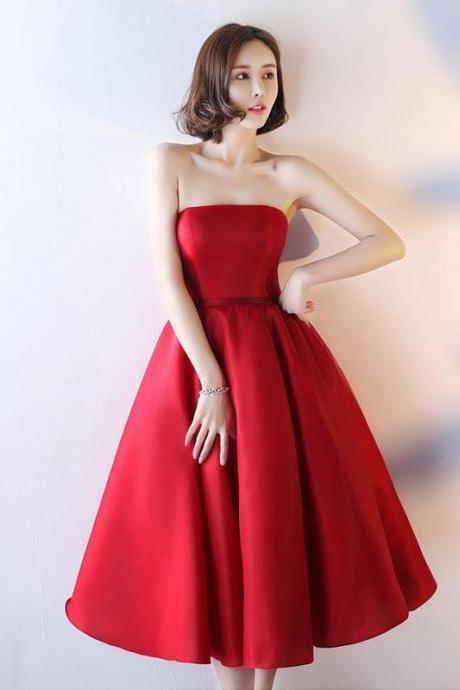 Simple Red Strapless Tea Length Prom Dress, Red Evening Dress,pl4442