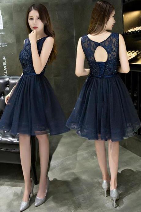 Dark blue lace beading short prom dress, dark blue evening dress,PL4443