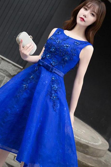 Royal Blue Lace A Line Short Prom Dress, Evening Dress,pl4447