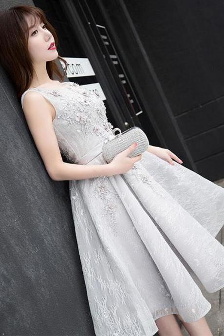 Gray Lace A Line Short Prom Dress, Gray Evening Dress,pl4448