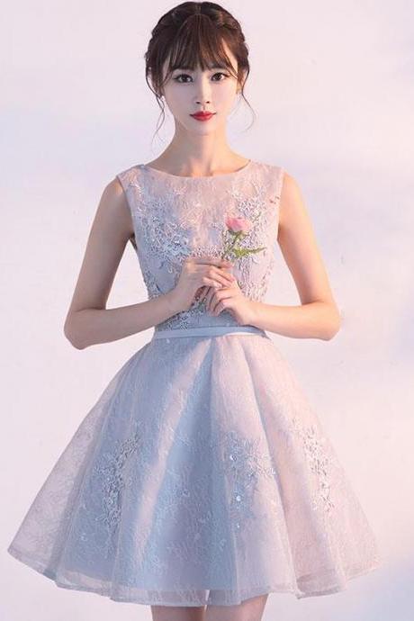 Gray Tulle Lace Short Prom Dress Gray Lace Bridesmaid Dress,pl4451